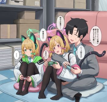 1boy 2girls absurdres aisumegane animal_ear_headphones animal_ears black_hair black_thighhighs blonde_hair blue_archive blue_necktie blush bow cat_ear_headphones cat_ears cat_tail controller cradling_head fake_animal_ears fake_tail formal_clothes game_controller green_bow green_halo grey_pants grey_suit hair_bow halo headphones highres holding holding_controller holding_game_controller hug jacket long_sleeves mechanical_tail midori_(blue_archive) momoi_(blue_archive) multicolored_jacket multiple_girls necktie open_mouth pants pink_bow pink_halo pink_jacket sensei_(blue_archive) sensei_(blue_archive_the_animation) shirt short_hair siblings sitting sitting_on_lap sitting_on_person suit tail thighhighs translation_request twins two-tone_jacket white_jacket white_shirt