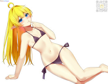 1girl absurdres ahoge barefoot bikini bikini_bottom_only black_bikini black_swimsuit blonde_hair blue_eyes blush breasts collarbone commission commissioner_upload elf feet finger_to_mouth flat_chest hand_on_ground highres legs long_hair looking_at_viewer lori_hagami lotte_farona lying navel official_art pointy_ears qr_code side-tie_bikini_bottom side-tie_clothing side-tie_swimsuit simple_background sitting small_breasts smile solo string_bikini swimsuit thigh_gap ways_of_darkness_(series) white_background