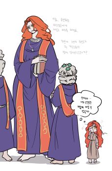 1280x720 2girls 2others aged_down bandaged_arm bandages barefoot book child commentary_request elden_ring half-siblings half-sisters height_difference highres holding holding_book jewelry korean_commentary korean_text looking_at_another lunar_princess_ranni malenia_blade_of_miquella messy_hair multiple_girls multiple_others necklace one_eye_covered simple_background speech_bubble tall_female thought_bubble translation_request white_background yellow_eyes