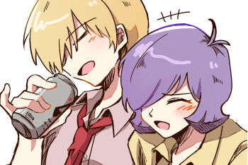 Rule 34 | +++, 2boys, :d, ^ ^, alternate costume, blonde hair, blush, brown shirt, can, char aznable, closed eyes, collared shirt, commentary, garma zabi, gundam, gundam gquuuuuux, hair over one eye, highres, holding, holding can, male focus, matmatmat77, multiple boys, necktie, open mouth, purple hair, red necktie, shirt, short hair, simple background, smile, u u, upper body, white background, wing collar, yellow shirt