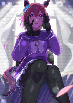 1girl absurdres animal_ears black_gloves black_leggings black_pantyhose blue_eyes blush bow bowtie breasts brown_hair commentary_request doushi_tatsu_to_dekkai_no flower flower_in_eye gloves hair_between_eyes hair_flower hair_ornament highres horse_ears horse_girl horse_tail leggings looking_at_viewer open_mouth pantyhose purple_sailor_collar purple_serafuku purple_shirt purple_skirt sailor_collar sailor_shirt sakura_chiyono_o_(umamusume) school_uniform serafuku shirt short_hair sitting skirt solo symbol-shaped_pupils symbol_in_eye tail tracen_school_uniform umamusume white_bow white_bowtie window