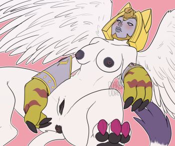 anus black_anus black_nipples black_pussy cat cat_tail claws colored_nipples digimon digimon_(creature) digimon_adventure_02 gloves lying nefertimon nipples on_back on_ground pawpads pink_background pussy tail wings wrist_guards