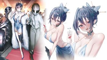 1girl 2others :d absurdres alcohol alternate_costume alternate_hairstyle black_choker black_thighhighs blue_eyes blue_hair blue_shoes bow bracelet breasts choker cleavage closed_mouth coat commentary covered_navel cup double-parted_bangs dress drinking_glass english_commentary fang floomf full_body fur_coat grey_dress hair_between_eyes hair_bow hair_bun hair_intakes high_heels highres holding holding_cup hololive hololive_english jewelry large_breasts multiple_others off_shoulder open_mouth ouro_kronii red_carpet red_wine shoes short_dress short_hair sideboob sideless_dress single_hair_bun single_thighhigh sleeveless sleeveless_dress smile thighhighs virtual_youtuber white_coat wine