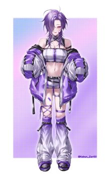 1girl bandaid bandaid_on_cheek bandaid_on_face bandaid_on_leg breasts crop_top earrings forehead gradient_thighhighs grey_jacket grey_pants hair_over_one_eye highres jacket jewelry long_hair long_sleeves medium_breasts midriff multicolored_thighhighs navel original pants pink_eyes purple_hair purple_thighhighs shirt shoes solo stomach thighhighs tongue tongue_out ulularts white_shirt white_thighhighs