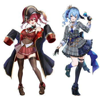 2girls :d ascot belt beret black_boots black_gloves black_jacket black_thighhighs blue_ascot blue_belt blue_choker blue_eyes blue_hair blush boots bracelet breasts brown_thighhighs choker cleavage commentary covered_navel cropped_jacket crown dress fang fold-over_boots full_body gloves gold_trim grey_hat hair_between_eyes hashtag-only_commentary hat heterochromia highres holding holding_microphone hololive hoshimachi_suisei hoshimachi_suisei_(1st_costume) houshou_marine houshou_marine_(1st_costume) jacket jewelry large_breasts leotard leotard_under_clothes long_hair looking_at_viewer microphone mini_crown miniskirt multiple_girls open_mouth partially_fingerless_gloves plaid_clothes plaid_dress plaid_hat plaid_jacket pleated_skirt plume red_ascot red_eyes red_hair red_jacket red_skirt setta_shu side_ponytail simple_background single_thighhigh skirt sleeveless sleeveless_jacket sleeves_past_wrists smile solo standing star_(symbol) star_bracelet star_choker tachi-e thigh_strap thighhighs twintails two-sided_fabric two-sided_jacket virtual_youtuber white_background yellow_eyes zettai_ryouiki