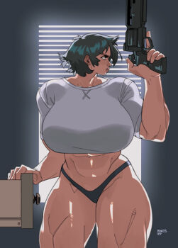 1girl abs black_hair bluesky breasts drawer gun huge_breasts muscular muscular_female redd_kats sgt_crisis short_hair tank_top thick_thighs thighs underwear veins veiny_arms weapon window window_blinds