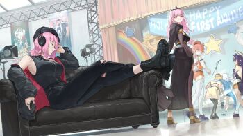 5girls 6+girls animal_hood black_nightgown black_tiara dahaidan feathers fins fish_tail gawr_gura highres hololive hololive_english holomyth hood mori_calliope mori_calliope_(1st_costume) mori_calliope_(the_story_thus_far) multiple_girls nightgown ninomae_ina&#039;nis orange_hair pink_eyes pink_hair scythe shark_girl shark_hood shark_tail shoe_soles shoulder_spikes skull_choker spiked_cape spikes tail takanashi_kiara tiara veil virtual_youtuber watson_amelia