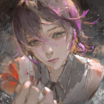 1girl bare_shoulders blood blood_on_clothes chainsaw_man closed_mouth flower green_eyes gusoyugo holding holding_flower looking_at_viewer purple_hair red_flower reze_(chainsaw_man) shirt white_shirt