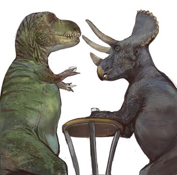 animal_focus beak cup dinosaur highres mossacannibalis no_humans original paleoart prehistoric_animal tea_party teacup triceratops tyrannosaurus_rex