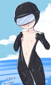 1girl 2025 20s black_bodysuit bodysuit cloud collarbone diving_mask diving_suit drantyno flat_chest goggles highres loli looking_at_viewer navel nipples ocean open_bodysuit open_clothes open_wetsuit original sky smile sparkle standing swim_cap water wet wetsuit
