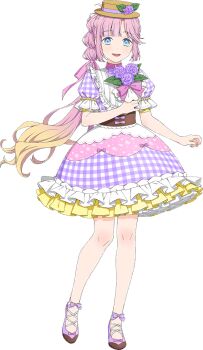 1girl :d anyoji_hime blonde_hair blue_eyes bow brown_hat dress flower full_body game_cg gigo gingham_dress gradient_hair hair_ribbon hat hat_bow hat_flower holding holding_flower link!_like!_love_live! long_hair looking_at_viewer love_live! multi-tied_hair multicolored_hair no_socks non-web_source official_alternate_costume official_art open_mouth pink_hair pink_ribbon ponytail puffy_short_sleeves puffy_sleeves purple_dress purple_flower purple_rose purple_shoes ribbon rose shoes short_dress short_sleeves simple_background smile solo teeth transparent_background upper_teeth_only very_long_hair virtual_youtuber
