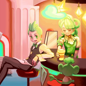 1boy 1girl :d apron ascot bar_(place) bar_stool bow bowtie cilan_(pokemon) commentary crossed_legs cup disposable_coffee_cup disposable_cup ffccll gen_5_pokemon green_bow green_bowtie green_eyes green_hair happy hat indoors long_sleeves looking_to_the_side nintendo open_mouth pansage pants pokemon pokemon_(creature) pokemon_bw pokemon_masters_ex shirt short_hair sitting smile stool trinnia_(pokemon) vest waist_apron
