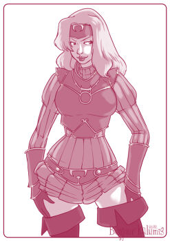 10s 1girl 2012 alternate_color armor blonde_hair boots cowboy_shot female_focus gloves juliet_sleeves kalumis legs long_hair long_sleeves miranda_(dragoon) monochrome pink_theme puffy_sleeves purple_theme skirt solo standing the_legend_of_dragoon vignette watermark white_background