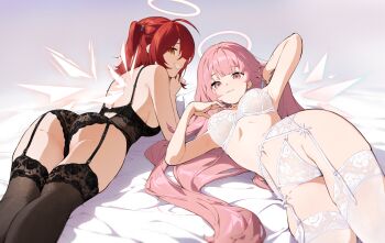 2girls ahoge arknights arm_up armpits ass black_bra black_garter_belt black_panties black_thighhighs bra breasts closed_mouth exusiai_(arknights) garter_belt grin halo highres lemuen_(arknights) lingerie long_hair looking_at_viewer lying medium_breasts multiple_girls nashidrop on_side on_stomach one_side_up orange_eyes panties pink_eyes pink_hair red_hair smile thighhighs underwear underwear_only very_long_hair white_bra white_garter_belt white_panties white_thighhighs wings