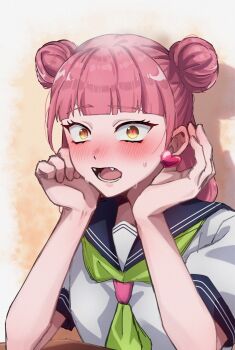 Rule 34 | 1girl, blue sailor collar, blush, commentary request, double bun, ear blush, earrings, embarrassed, eyelashes, fangs, hair bun, hands on own face, heart, heart-shaped pupils, heart earrings, highres, jewelry, looking at viewer, nose blush, open mouth, pink hair, sailor collar, seihantai na kimi to boku, sirata maru000, suzuki miyu (seihantai na kimi to boku), sweat, symbol-shaped pupils, yellow eyes