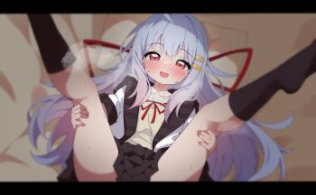 Rule 34 | 1girl, absurdres, ahoge, black skirt, black socks, blue hair, blush, commentary request, embarrassed, haguran, hair intakes, hair ornament, hairclip, highres, holding legs, jacket, kneehighs, letterboxed, long hair, lying, mesugaki (haguran), neck ribbon, no shoes, on back, on bed, open mouth, original, parallel hairclips, red eyes, red ribbon, ribbon, skirt, smile, socks, solo, spread legs, sweat, white jacket