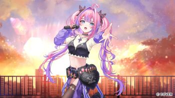 1girl :d ahoge belt_pouch black_boots black_bow black_bra black_choker black_shorts black_thighhighs blue_eyes blurry blurry_background boots bow bra bra_over_clothes center-flap_bangs choker colored_inner_hair copyright_name cropped_shirt day double-parted_bangs hair_bow hair_intakes hand_up highres holding holding_microphone hololive hololive_dev_is kikirara_vivi long_hair looking_at_viewer microphone midriff multicolored_hair nail_polish navel official_art open_fly open_mouth outdoors outstretched_arm pants pink_hair pink_nails pouch purple_arm_warmers purple_hair purple_pants reaching reaching_towards_viewer shirt short_shorts shorts smile solo streaked_hair teeth thighhighs twintails tyabesu underwear upper_teeth_only very_long_hair virtual_youtuber white_shirt