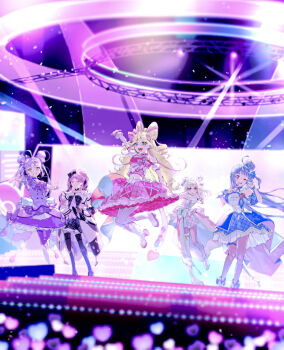 5girls aokaze_nana arena arm_up asymmetrical_legwear bare_arms bare_legs bare_shoulders black_dress black_hair black_socks black_thighhighs blonde_hair blue_dress blue_eyes blue_hair blunt_bangs blurry bokeh boots bow brooch bubble_skirt closed_mouth commentary cure_connect cure_idol cure_kiss cure_kyunkyun cure_wink cure_zukyuun curled_horns dancing depth_of_field detached_collar detached_sleeves double_bun dress dress_bow drill_hair earrings elbow_gloves fingerless_gloves frilled_cuffs frilled_dress frills gingham_clothes gingham_dress gloves gradient_hair green_hair grin hair_between_eyes hair_bun hair_ornament hair_ribbon hair_tie hair_wings half-dress half_up_bun headband headset heart heart-shaped_pupils heart_brooch heart_hair_bun heart_hair_ornament hibiki_kaito highres horns idol jewelry jumping kimi_to_idol_precure kneehighs leaning_forward light_particles long_hair magical_girl medium_skirt meroron_(precure) midriff midriff_peek miniskirt multicolored_dress multicolored_hair multiple_girls music navel neon_lights one_eye_closed open_mouth parted_bangs picarine_(precure) pink_dress pink_eyes pink_hair pink_shirt pink_skirt precure puffy_detached_sleeves puffy_sleeves purirun_(precure) purple_bow purple_dress purple_eyes purple_hair purple_thighhighs reaching reaching_towards_another reaching_towards_viewer ribbon rui_memo sakura_uta_(precure) screen shigure_kokoro shirt side_ponytail singing skirt sleeveless sleeveless_shirt smile socks stage stage_lights stairs standing standing_on_one_leg strapless strapless_dress streaked_hair symbol-shaped_pupils tanaka_meron tanaka_purin thighhighs twintails two-tone_hair very_long_hair white_boots white_bow white_dress white_thighhighs wing_hair_ornament wrist_cuffs wristband yellow_eyes