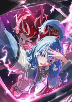 Rule 34 | 2girls, absurdres, blue eyes, blue hair, blush, colored skin, commentary, english commentary, grey skin, heterochromia, highres, hololive, hololive indonesia, jacket, kobo kanaeru, kureiji ollie, long hair, long sleeves, looking at viewer, multicolored hair, multiple girls, open mouth, patchwork skin, red eyes, red hair, smile, solo, stitched face, stitches, toake (user affe3424), two-tone hair, virtual youtuber, white hair, yellow eyes, zombie