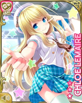 1girl alternate_costume blonde_hair blue_eyes blue_skirt bow brown_neckwear card character_name chloe_lemaire closed_mouth day girlfriend_(kari) indoors long_hair official_art plaid_clothes plaid_skirt qp:flapper shirt skirt smile solo store tagme white_shirt