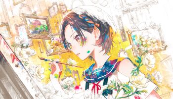 1girl apron arm_cutout blue_sailor_collar brown_eyes canvas_(object) clothing_cutout collarbone colorful_palette colors_of_pure_sense_(project_sekai) flower highres holding holding_paintbrush official_alternate_costume official_alternate_hair_length official_alternate_hairstyle paintbrush parted_bangs parted_lips partially_colored picture_frame project_sekai red_ribbon ribbon sailor_collar school_uniform serafuku shinonome_ena short_hair short_sleeves solo third-party_source too_many too_many_flowers upper_body white_flower white_serafuku