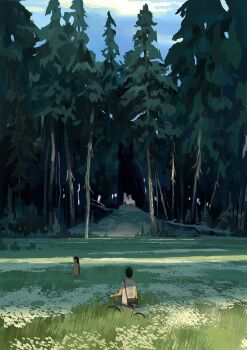 1boy 1girl animal bag bicycle black_hair commentary day denis_istomin english_commentary field fir_tree flower flower_field forest grass long_hair nature original outdoors oversized_animal pushing_bicycle scenery shade shirt short_hair shoulder_bag standing straight_hair t-shirt tree very_short_hair white_flower white_shirt wolf
