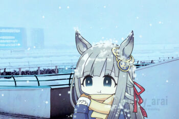 Rule 34 | 1girl, animal ears, arai cherry, artist name, blue eyes, blush, chrono genesis (umamusume), eating, food, grey hair, hair between eyes, hair ornament, horse ears, horse girl, long hair, real world location, scarf, sky, snowing, solo, umamusume, watermark, winter uniform