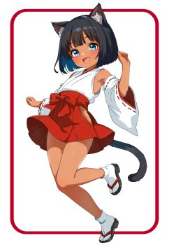 1girl absurdres animal_ear_fluff animal_ears arm_up armpits black_hair blue_eyes blue_hair blush bow cat_ears cat_girl cat_tail clothing_cutout colored_inner_hair commentary dark-skinned_female dark_skin detached_sleeves eyeliner fang full_body highres hip_vent makeup multicolored_hair nontraditional_miko open_mouth original red_bow red_eyeliner red_skirt rpca sandals shirt short_hair simple_background skirt skirt_cutout smile socks solo standing standing_on_one_leg tail white_background white_shirt white_socks zouri