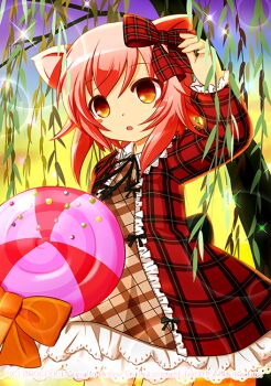 Rule 34 | 1girl, akino sakura, animal ears, breasts, brown dress, candy, cat ears, cat girl, checkered clothes, checkered dress, checkered jacket, checkered ribbon, dress, emil chronicle online, food, hair ribbon, jacket, nekomata momo, open mouth, pink hair, red jacket, red ribbon, ribbon, small breasts, willow, yellow eyes
