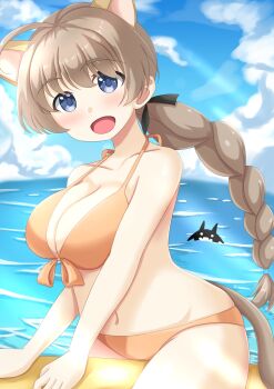 2girls absurdres animal_ears bikini blue_eyes blue_sky braid breasts brown_hair cat_ears cat_girl cat_tail cloud cloudy_sky commentary_request highres large_breasts long_hair lynette_bishop miyafuji_yoshika multiple_girls navel ocean open_mouth outdoors ryo_atirakotira single_braid sitting sky strike_witches swimsuit tail water world_witches_series