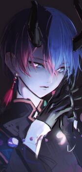 1boy amin_(aminblue) aoyagi_touya black_background black_gloves blue_hair clothing_cutout dark_background earrings fingernails gloves grey_eyes highres horns jewelry long_fingernails long_sleeves looking_at_viewer male_focus mandarin_collar mole mole_under_eye multicolored_hair own_hands_together project_sekai shinnen_kotohogu_inori_no_mai_(project_sekai) simple_background solo tassel tassel_earrings