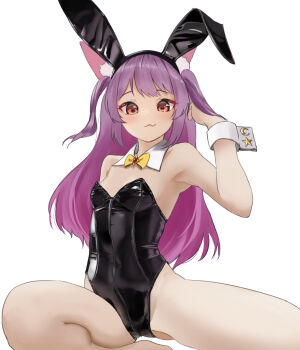1girl animal_ear_fluff animal_ears bare_shoulders breasts claws detached_collar fake_animal_ears highres long_hair looking_at_viewer playboy_bunny purple_hair rabbit_ears red_eyes red_hair rurun_rururica simple_background small_breasts smile tama_(tamago) virtual_youtuber white_background wolf_ears