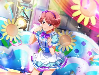 1girl bead_bracelet beads blue_dress bow bowtie bracelet closed_mouth dress game_cg hairband isurugi_futaba jewelry kimi_no_kokoro_wa_kagayaiteru_kai? looking_at_viewer love_live! love_live!_sunshine!! official_art puffy_short_sleeves puffy_sleeves purple_bow purple_bowtie purple_eyes purple_hairband short_hair short_sleeves shoujo_kageki_revue_starlight shoujo_kageki_revue_starlight_-re_live- solo stage stage_lights standing upper_body