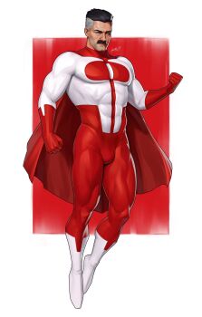 1boy abs absurdres beard beard_stubble black_hair bodysuit boots border bulge cape clenched_hands commission dalejomej elbow_gloves facial_hair facing_viewer frown gloves grey_eyes hair_slicked_back highres invincible_(series) lips looking_at_viewer male_focus mature_male multicolored_bodysuit multicolored_hair muscular muscular_male mustache nolan_grayson omni-man outside_border red_background red_bodysuit red_cape red_gloves short_hair signature solo stubble superhero_costume two-tone_bodysuit two-tone_hair viltrumite white_bodysuit white_boots white_border white_hair wrinkled_skin