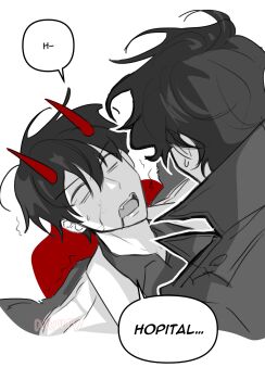 2boys areuwuu black_coat black_hair black_shirt black_wings blood coat collared_shirt colored_veins demon_horns empty_eyes english_text fang feathered_wings highres horns kim_dokja lying male_focus multiple_boys omniscient_reader&#039;s_viewpoint on_back on_ground open_clothes open_coat pool_of_blood shirt short_hair speech_bubble upper_body white_coat wings yoo_joonghyuk