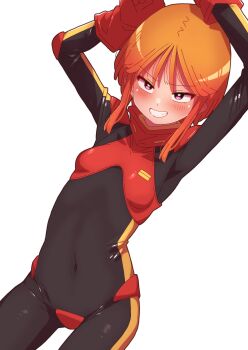 Rule 34 | 1girl, absurdres, arms up, breasts, commentary request, covered navel, cowboy shot, gloves, gundam, gundam zz, highres, light blush, looking at viewer, mecha pilot suit, military uniform, neo zeon, normal suit (gundam), onimaru (onimal7802), orange hair, puru two, red gloves, science fiction, short hair, small breasts, smile, solo, standing, white background