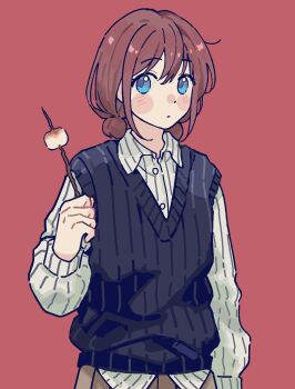 1girl blue_eyes blue_sweater_vest blush_stickers brown_hair closed_mouth collared_shirt commentary dress_shirt food girls_band_cry hashtag-only_commentary highres holding holding_stick iseri_nina long_sleeves low_twintails marshmallow purecyan shirt short_hair short_twintails solo stick striped_clothes striped_shirt sweater_vest twintails white_shirt