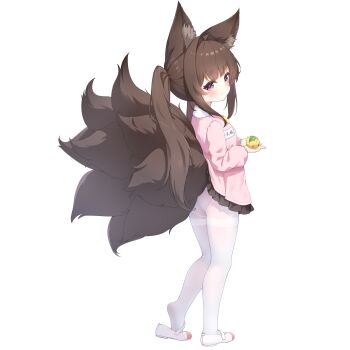 1girl absurdres amagi-chan_(azur_lane) animal_ears azur_lane brown_hair chinese_commentary commentary_request food fox_ears fox_tail highres kindergarten_uniform long_hair multiple_tails pantyhose qian_hen simple_background solo tail twintails underwear white_background white_pantyhose