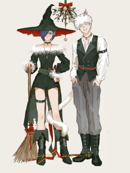 1boy 1girl belt black_boots black_choker black_vest boots bow broom brown_belt choker dress grey_pants grin hair_over_one_eye hat heart highres holding holding_broom kaneki_ken kirishima_touka large_hat long_sleeves looking_at_viewer pants red_bow shirt short_dress short_hair simple_background smile standing teeth tokyo_ghoul torn_clothes torn_hat vest vjoos white_background white_shirt witch witch_hat