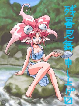 Rule 34 | 1990s (style), 1girl, artist logo, bad link, bare arms, bare legs, barefoot, blue eyes, blue shirt, blue skirt, breasts, cleavage, cleavage cutout, clothing cutout, collarbone, crop top, curtained hair, day, eye hair ornament, facial mark, faux retro artstyle, fins, fish girl, floating hair, forehead mark, full body, gift art, hand fan, hand up, head fins, holding, holding fan, logo, long hair, looking at viewer, midriff, nanigashi maken, on rock, open mouth, original, outdoors, paper fan, pink hair, retro artstyle, river, rock, second-party source, shirt, side slit, sitting, skirt, sleeveless, sleeveless shirt, small breasts, smile, solo, sparkle, teeth, uchiwa, upper teeth only, zanshomimai
