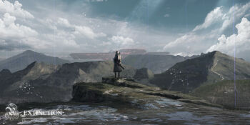 1other 3d absurdres aircraft ambiguous_gender backpack bag bird black_footwear black_pants blue_light cloud cloudy_sky copyright_name english_text facing_back fantasy flock full_body highres house light_rays mountain mountainous_horizon original pants prezonya46 puddle re:extinction road robe scabbard scenery sheath sky solo spacecraft standing tree tube water white_robe