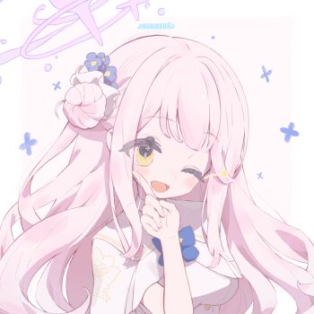 1girl ;d artist_name blue_archive blue_bow blue_bowtie blush bow bowtie breasts capelet commentary_request crescent dress hair_bun hair_ornament hair_scrunchie halo long_hair looking_at_viewer mika_(blue_archive) one_eye_closed open_mouth partial_commentary pink_hair pink_halo scrunchie side_up_bun smile solo star_(symbol) suwasui tongue white_background white_capelet white_dress white_scrunchie yellow_eyes