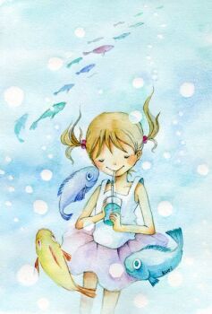 Rule 34 | 1girl, air bubble, artist name, bare arms, blush, brown hair, bubble, closed eyes, closed mouth, collarbone, commentary request, cowboy shot, cup, drinking, drinking glass, drinking straw, fish, hair bobbles, hair ornament, holding, holding cup, kurita eriko, original, painting (medium), purple skirt, school of fish, short hair, short twintails, skirt, smile, solo, standing, tank top, traditional media, twintails, underwater, watercolor (medium), white tank top