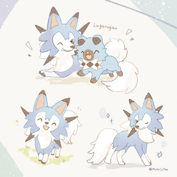 :3 :d ;) ^_^ absurdres alternate_color closed_eyes closed_mouth commentary_request fangs gen_7_pokemon green_eyes highres lycanroc lycanroc_(midday) mofucoffee nintendo no_humans notice_lines one_eye_closed open_mouth pokemon pokemon_(creature) pokemon_focus rockruff shiny_pokemon smile twitter_username white_background