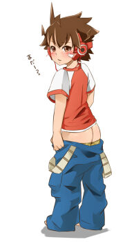 1boy asagi_(artist) ass blush briefs brown_eyes brown_hair chousoku_henkei_gyrozetter clothes_pull headphones male_focus male_underwear mooning pants pants_pull plaster shirt shota simple_background solo standing suspenders t-shirt todoroki_kakeru underwear white_background