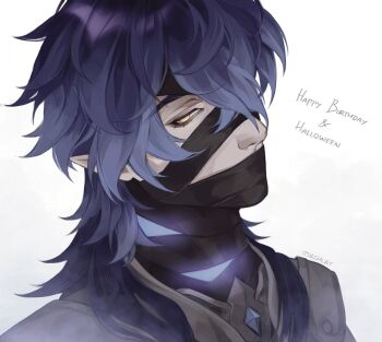 1boy bandaged_head bandages blue_hair commentary cosplay covered_mouth english_commentary english_text flins_(genshin_impact) genshin_impact gradient_hair hair_between_eyes happy_birthday highres itsrchlrt looking_to_the_side male_focus medium_hair multicolored_hair one_eye_covered rerir_(genshin_impact) rerir_(genshin_impact)_(cosplay) simple_background solo white_background yellow_eyes