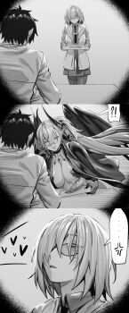 1boy 2girls absurdres anger_vein angry annoyed breasts closed_eyes comic cuckquean demon_wings fate/grand_order fate_(series) food fujimaru_ritsuka_(male) glasses greyscale hair_over_one_eye highres holding holding_tray horns hxd large_breasts lilith_(fate) lilith_(second_ascension)_(fate) long_hair mash_kyrielight medium_hair monochrome multiple_girls open_mouth pointy_ears shaded_face silent_comic smile tray twintails wings