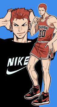 Rule 34 | 1boy, absurdres, bare shoulders, basketball uniform, black shirt, blue background, clenched teeth, closed mouth, full body, furrowed brow, hand on own hip, hands in own hair, highres, margare, multiple views, muscular, muscular male, nike (company), parted lips, print shirt, red hair, red jersey, red shorts, sakuragi hanamichi, school uniform, shirt, shoes, shohoku high school uniform, short hair, shorts, slam dunk (series), smile, smirk, sneakers, solo, sportswear, teeth, upper body