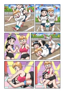 >_< 2girls arm_around_shoulder bandaid bandaid_on_face bandaid_on_nose between_breasts bike_shorts black_bike_shorts black_hair blonde_hair blue_buruma blue_ribbon blue_sports_bra blush breasts brown_eyes buruma bush choke_hold choker closed_eyes cloud comic face_between_breasts fallen_down falling freckles green_eyes grin gym_uniform hairband head_between_breasts heart heart_choker honey-chan_(marup) katherine_(marup) large_breasts legs_tied_together loli long_hair looking_at_another lying marup missing_tooth multiple_girls musical_note name_tag open_mouth oppai_loli original pinned red_shoes red_sports_bra ribbon running running_track shirt shoes short_hair short_sleeves sky small_breasts smile sneakers sports_bra standing strangling string_of_flags teeth thighhighs three-legged_race tripping white_shirt white_thighhighs wrestling wrestling_ring yuri