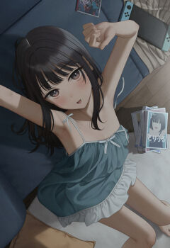 1girl :d aqua_camisole barefoot black_hair blunt_bangs book book_stack camisole commentary_request couch frilled_skirt frills from_above game_cartridge highres long_hair looking_at_viewer manga_(object) nintendo_switch open_mouth original sitting skirt sleeveless smile solo thighs tongue white_skirt yukishima_momo